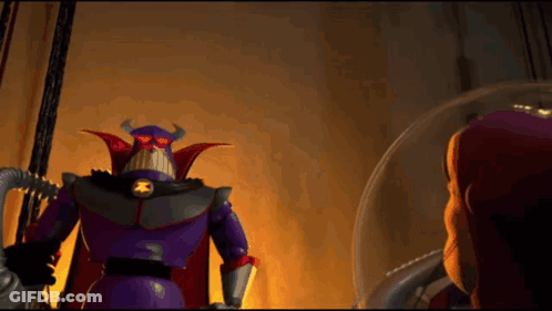 A Toy Story Character Named Buzz Lightyear Stands Next To A Purple Robot GIF