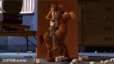A Toy Story Character Riding A Brown Horse GIF