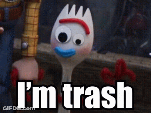 A Toy Story Character Says I 'M Trash Next To A Woody Figure GIF