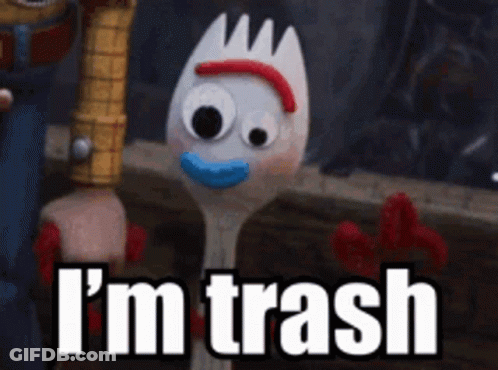 A Toy Story Character Says `` I 'M Trash '' While Holding A Wooden Spoon . GIF