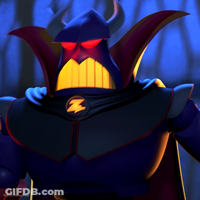 A Toy Story Character With Horns And A Lightning Bolt Around His Neck GIF