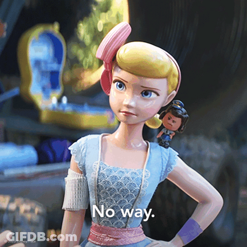 A Toy Story Doll Says No Way While Holding A Small Doll On Her Head GIF