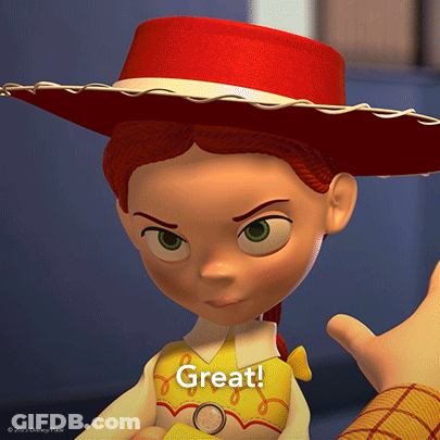 A Toy Story Jessie Doll With A Red Hat And A Yellow Vest Says Great GIF