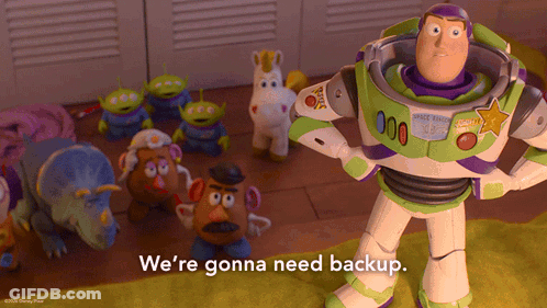 A Toy Story Scene With Buzz Lightyear And Mr. Potato Head Saying " We 'Re Gonna Need Backup " GIF