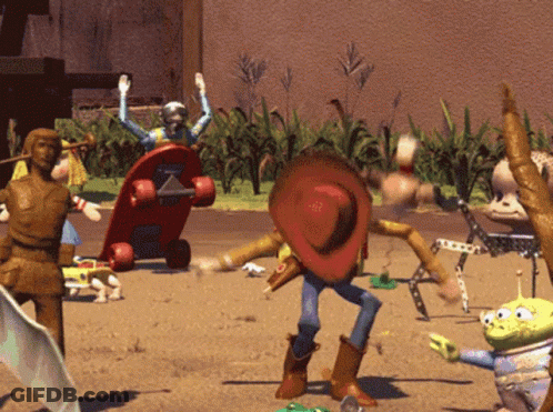 A Toy Story Scene With Woody And A Frog GIF