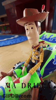 A Toy Story Woody Doll Is Sitting In A Green Toy Car GIF