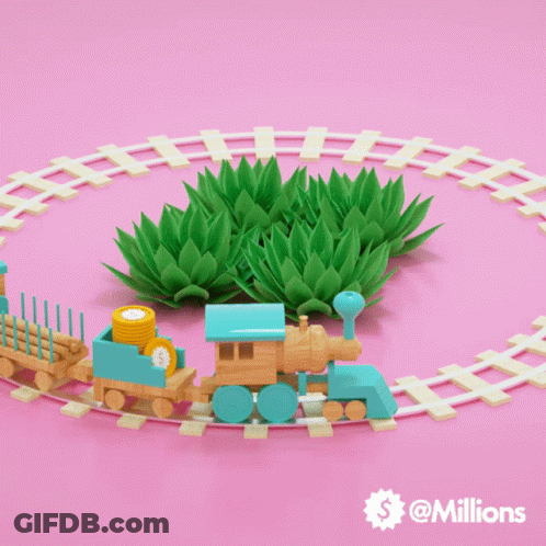 A Toy Train Is On A Pink Track With A Dollar Sign In The Corner GIF