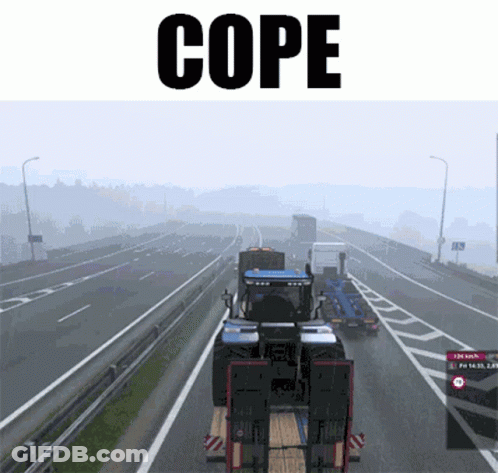 A Tractor Is Driving Down A Highway With The Word Cope Written Above It GIF