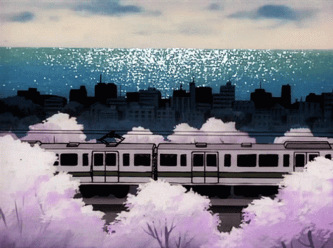 A Train Anime With Sea And City Views GIF