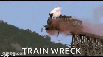 A Train Is Crashing Into A Bridge And The Words Train Wreck Are Written On The Screen . GIF