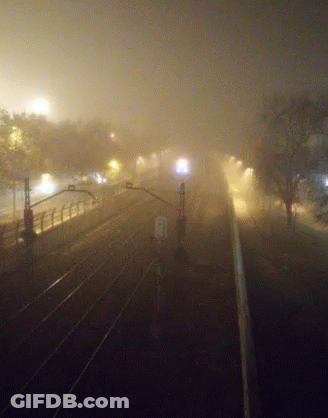 A Train Is Going Down The Tracks In A Foggy Area GIF