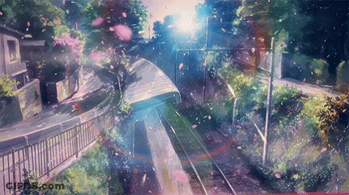 A Train Is Going Down The Tracks With Cherry Blossoms Falling GIF