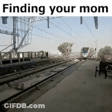 A Train Is Going Down The Tracks With The Caption Finding Your Mom GIF