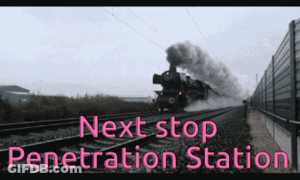 A Train Is Going Down The Tracks With The Words Next Stop Penetration Station Above It GIF