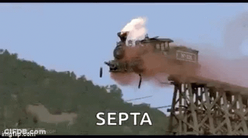 A Train Is Going Over A Bridge With The Words Septa Written On The Bottom . GIF