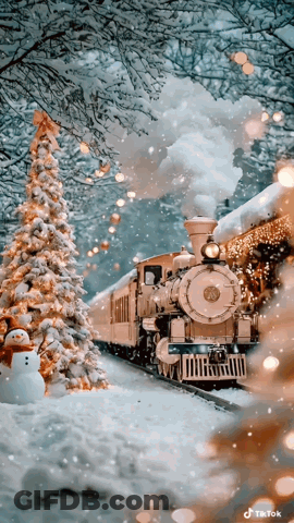 A Train Is Pulling Into A Station With A Christmas Tree And Snowman In The Foreground GIF