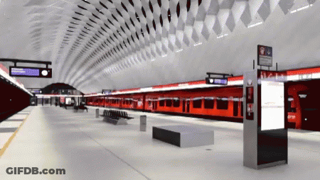 A Train Station With A Sign That Says ' Helsinki ' GIF