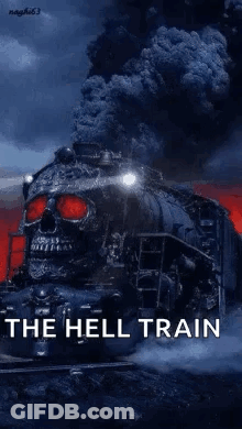 A Train With A Skull On The Front And The Words The Hell Train Below It . GIF