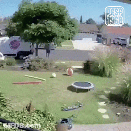 A Trampoline Is In The Middle Of A Grassy Yard With A Sign That Says Pasp 1968 GIF