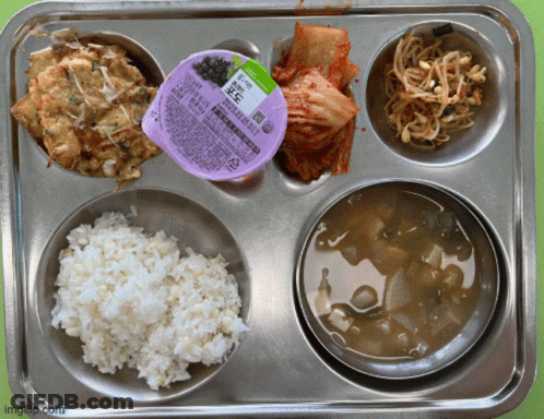 A Tray Of Food With A Purple Container That Says ' Imgflip.com ' On The Bottom GIF