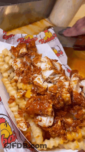 A Tray Of Fried Chicken And French Fries With Rubes Chicken Printed On It GIF