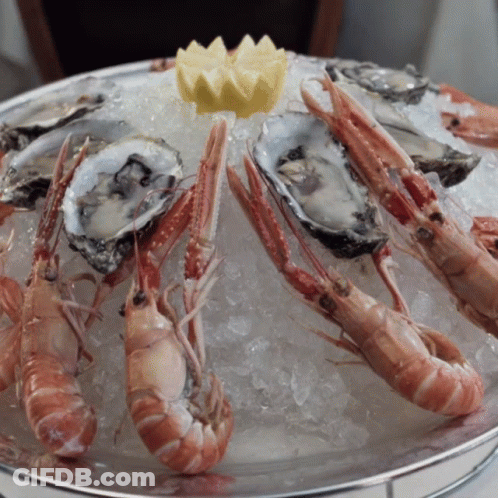 A Tray Of Oysters And Shrimp On Ice With A Lemon On Top GIF