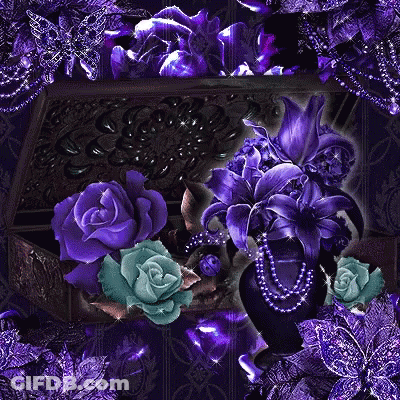 A Treasure Chest Surrounded By Purple Flowers And A Necklace GIF