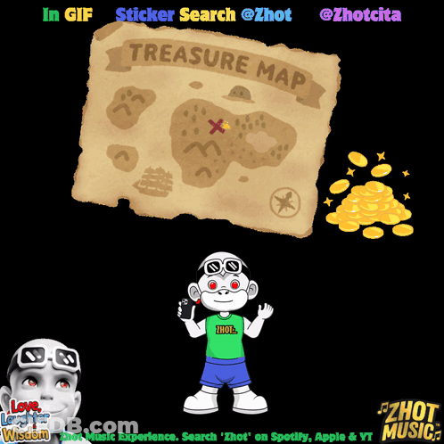A Treasure Map With A Monkey Holding A Cell Phone Next To It GIF
