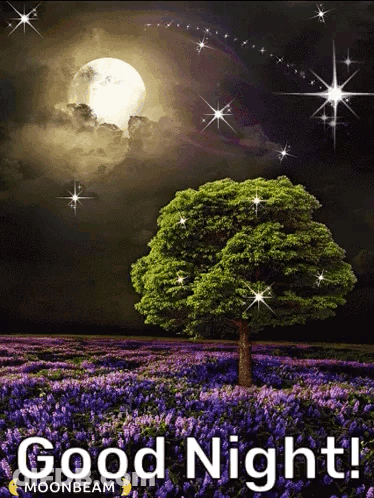 A Tree In A Field Of Purple Flowers With The Words Good Night GIF