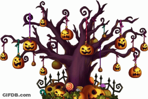 A Tree With Pumpkins Hanging From The Branches GIF
