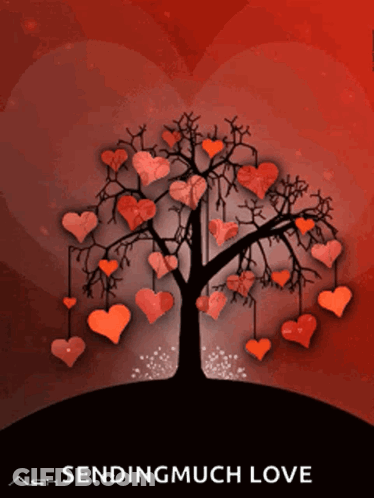 A Tree With Red Hearts Hanging From It And The Words Sending Much Love GIF