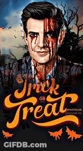 A Trick Or Treat Poster With A Man With Blood On His Face GIF