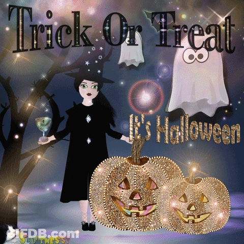 A Trick Or Treat Poster With A Witch Holding A Glass And Pumpkins GIF