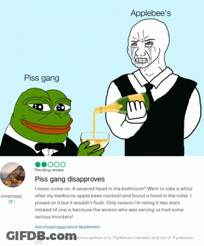 A Tripadvisor Review For Applebee 'S Has A Picture Of A Frog And A Man GIF