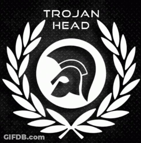 A Trojan Head Logo With A Laurel Wreath Around A Helmet GIF