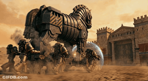 Trojan Horse Pulled By Soldiers In Front Of Castle GIF