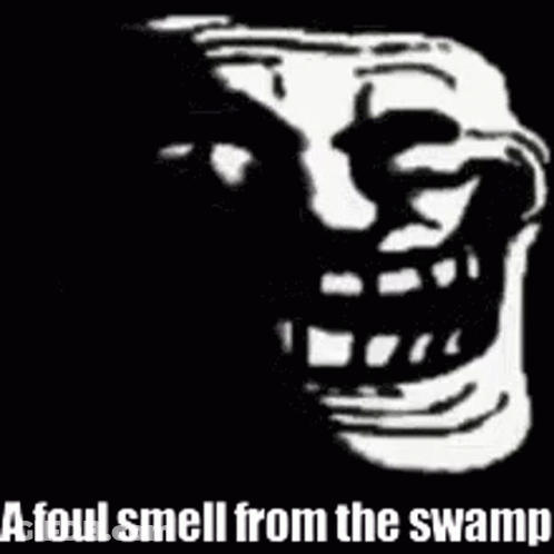 A Troll Face With The Words `` A Foul Smell From The Swamp '' Written Next To It . GIF