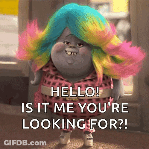 A Troll With A Colorful Wig Says Hello Is It Me You 'Re Looking For GIF
