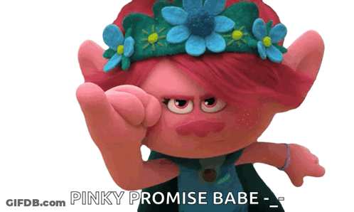 A Troll With Flowers In Her Hair Says Pinky Promise Babe On A White Background GIF