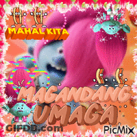 A Troll With Pink Hair Is Surrounded By The Words Mahal Kita GIF