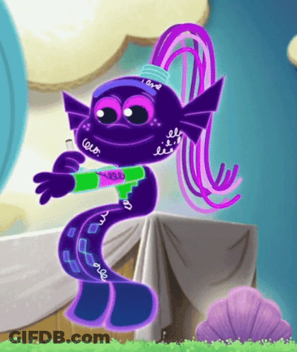 A Troll With Purple Hair Is Holding A Gun And Wearing A Green Jacket GIF