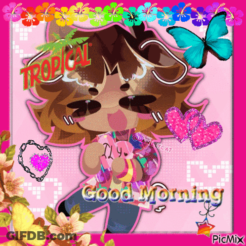 A Tropical Good Morning Card With A Cartoon Character GIF