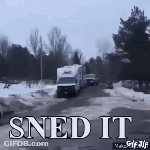 A Truck Is Driving Down A Snowy Road With The Words Sneed It Written On The Bottom . GIF