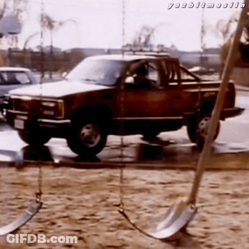 A Truck Is Parked In A Sandy Area With The Words Yazbitmeelin Written Below It GIF