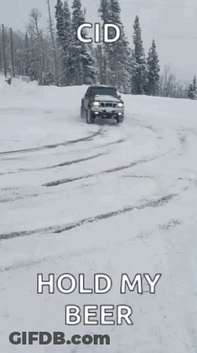 A Truck Is Parked In The Snow With A Caption That Says " Hold My Beer " GIF