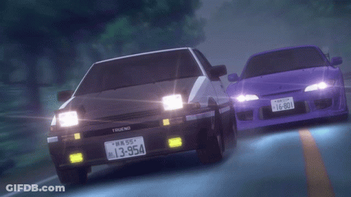 A Trueno Car Is Driving Next To A Purple Car With A License Plate That Reads 16-801 GIF
