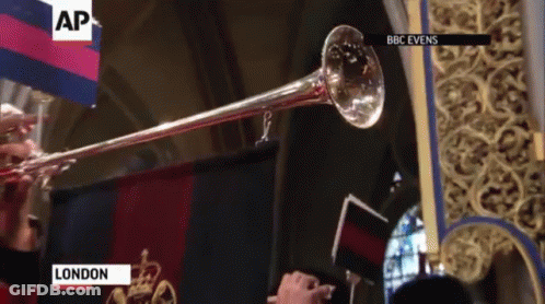 A Trumpet Is Being Played In Front Of A Flag That Says Ap On It GIF