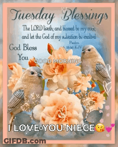 A Tuesday Blessings Card With Birds And Flowers GIF