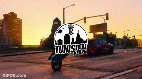 A Tunisie Reapr Logo With A Motorcycle And A Car GIF