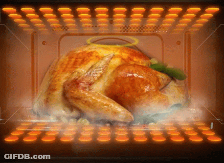 A Turkey Is Being Cooked In A Microwave Oven With Steam Coming Out Of It GIF